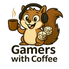 Cartoon squirrel with headphones, coffee cup, and dice holding text 'Gamers with Coffee' on a white background
